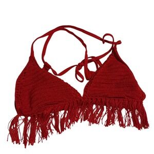 Xhilaration Crochet Fringe Bikini Top Womens Large Red Excellent Triangle Halter